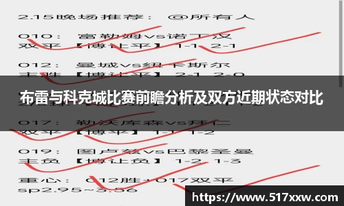 布雷与科克城比赛前瞻分析及双方近期状态对比